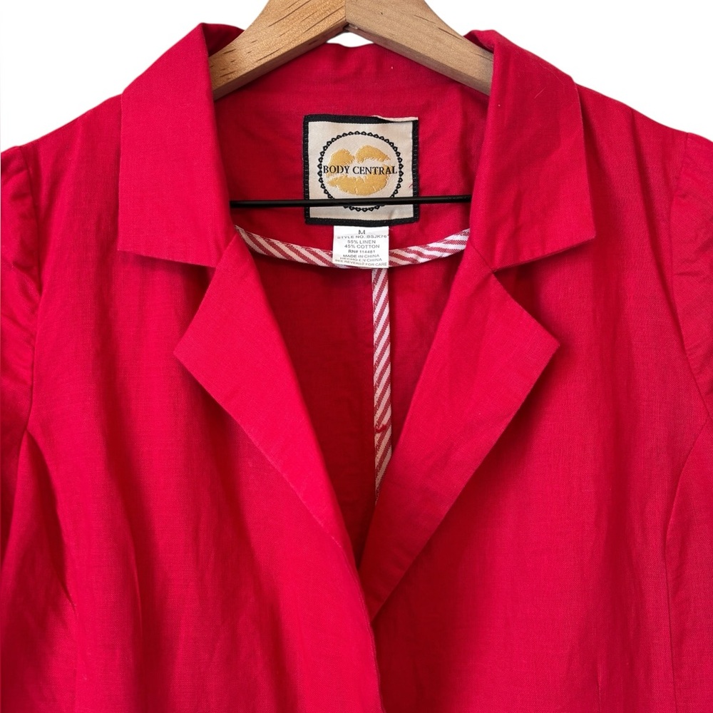 Body Central Red Linen Cotton Blend Blazer Jacket Md Ruched Sleeves Lightweight - Picture 5 of 7